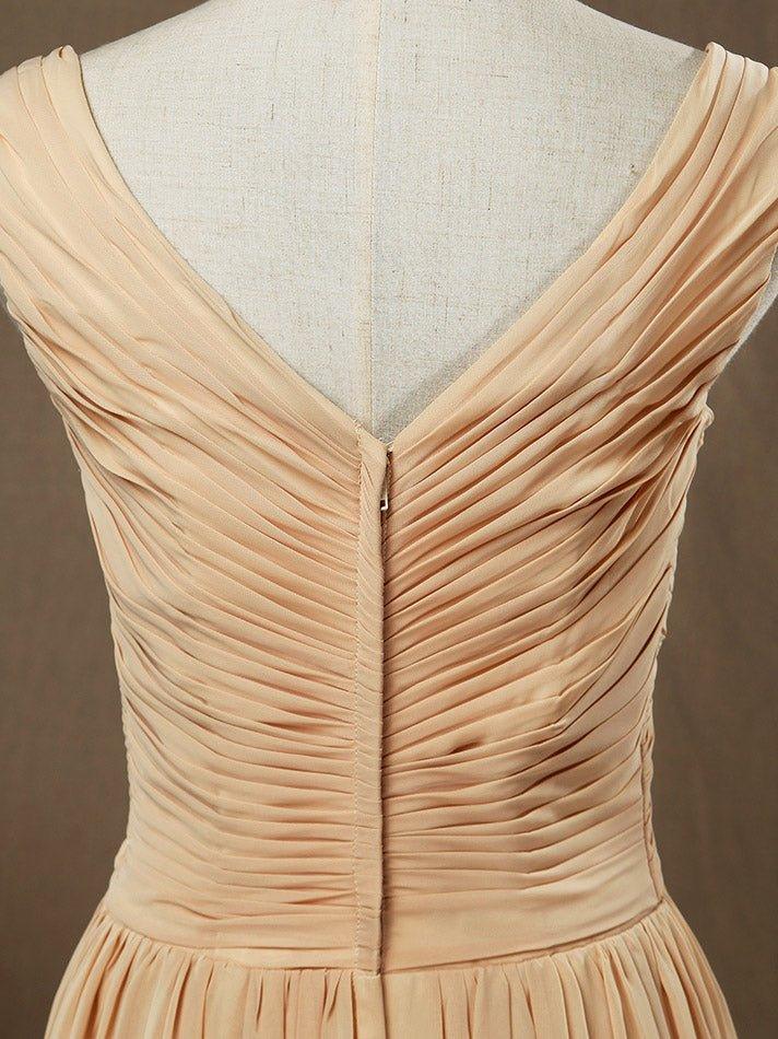 Vestido de dama de honor de gasa con corte princesa, escote en V, largo hasta el suelo y pliegues fruncidos entrecruzados 