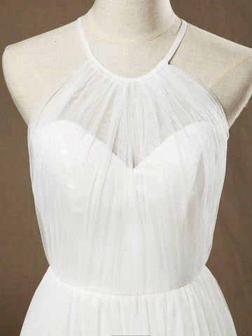 Robe de demoiselle d'honneur trapèze en tulle, longueur au sol, col bijou, transparente et plissée 