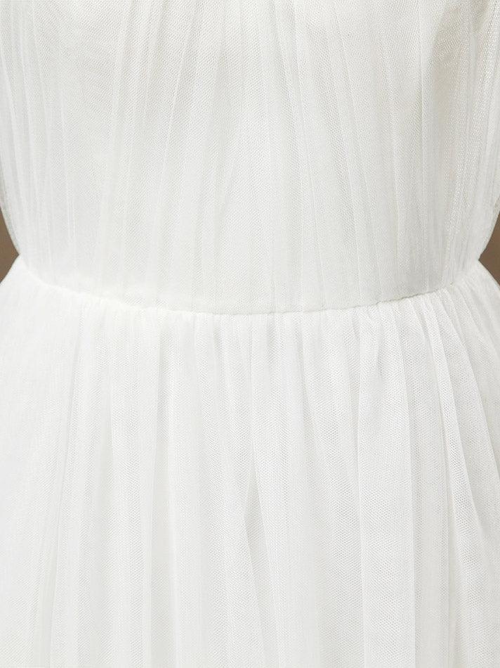 Vestido de dama de honor de tul transparente con pliegues y escote joya en forma de A hasta el suelo 
