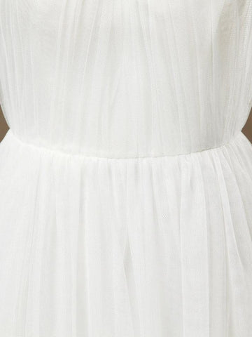 Robe de demoiselle d'honneur trapèze en tulle, longueur au sol, col bijou, transparente et plissée 