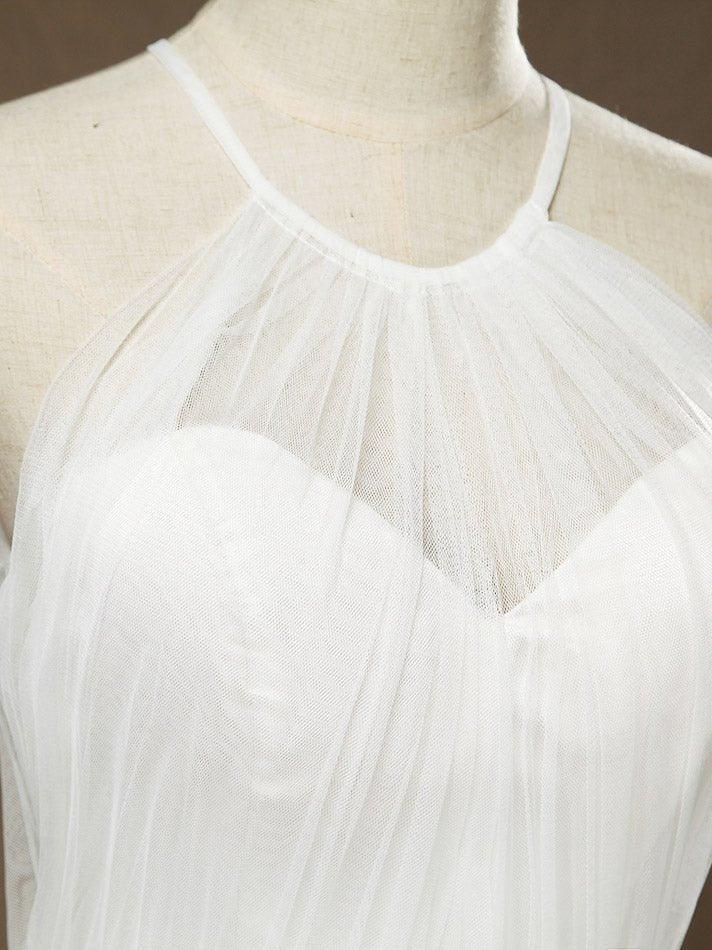 Vestido de dama de honor de tul transparente con pliegues y escote joya en forma de A hasta el suelo 