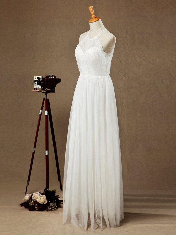 Vestido de dama de honor de tul transparente con pliegues y escote joya en forma de A hasta el suelo 