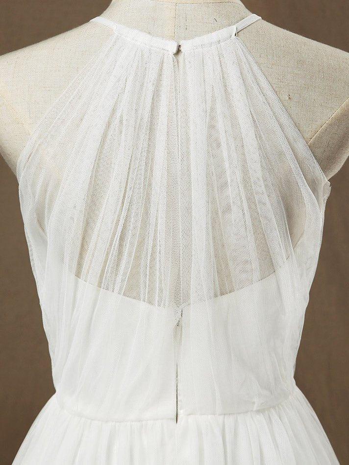 Vestido de dama de honor de tul transparente con pliegues y escote joya en forma de A hasta el suelo 