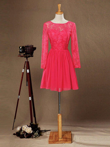 Robe de demoiselle d'honneur trapèze en mousseline de soie et dentelle, longueur genou, col bijou, manches longues, dos nu 