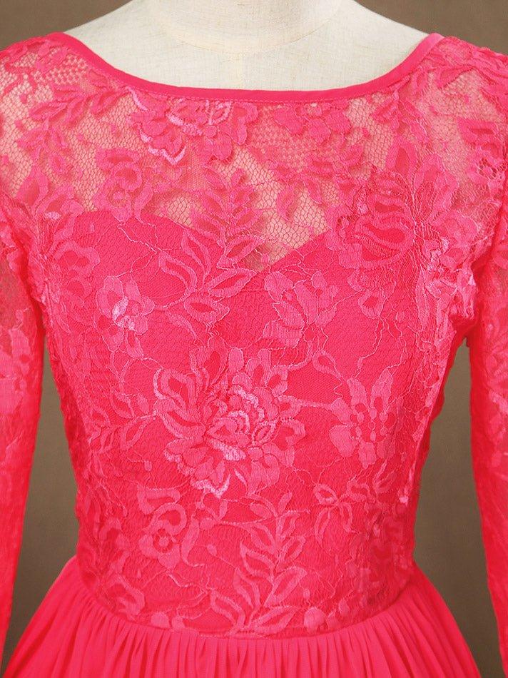 Vestido de dama de honor de gasa con encaje, escote joya, largo hasta la rodilla, manga larga y espalda abierta 
