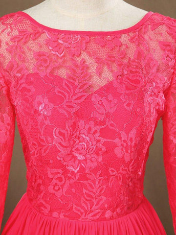 Robe de demoiselle d'honneur trapèze en mousseline de soie et dentelle, longueur genou, col bijou, manches longues, dos nu 