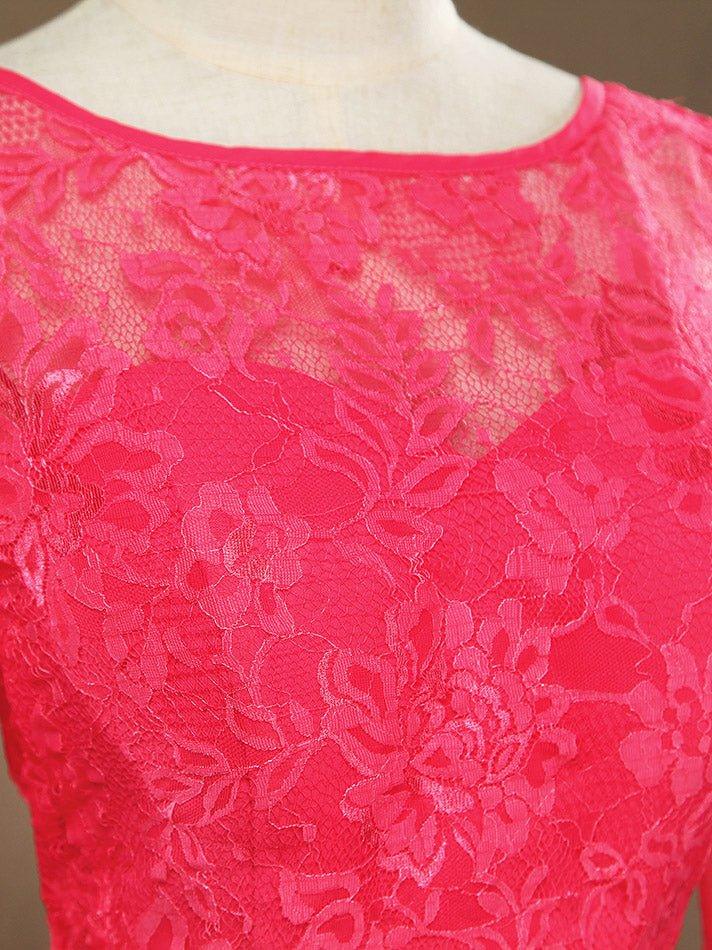 Vestido de dama de honor de gasa con encaje, escote joya, largo hasta la rodilla, manga larga y espalda abierta 