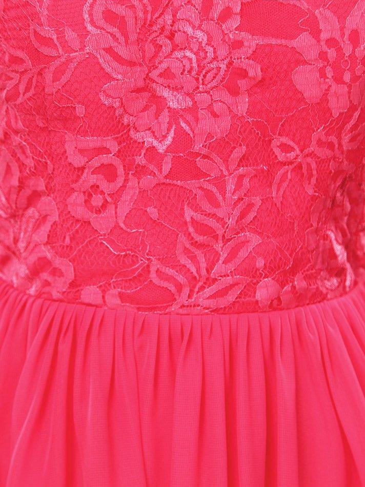 Vestido de dama de honor de gasa con encaje, escote joya, largo hasta la rodilla, manga larga y espalda abierta 