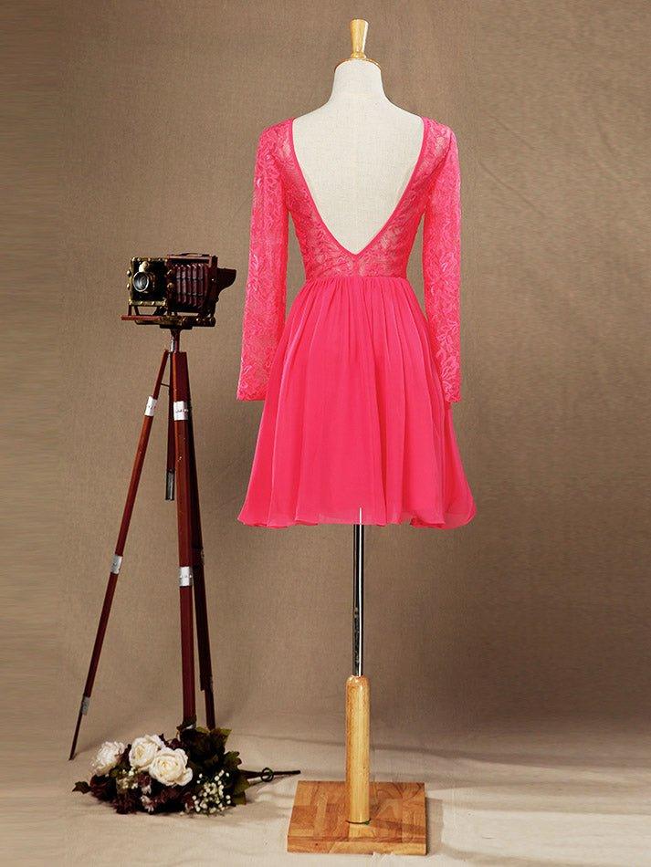 Vestido de dama de honor de gasa con encaje, escote joya, largo hasta la rodilla, manga larga y espalda abierta 