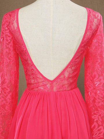 Robe de demoiselle d'honneur trapèze en mousseline de soie et dentelle, longueur genou, col bijou, manches longues, dos nu 