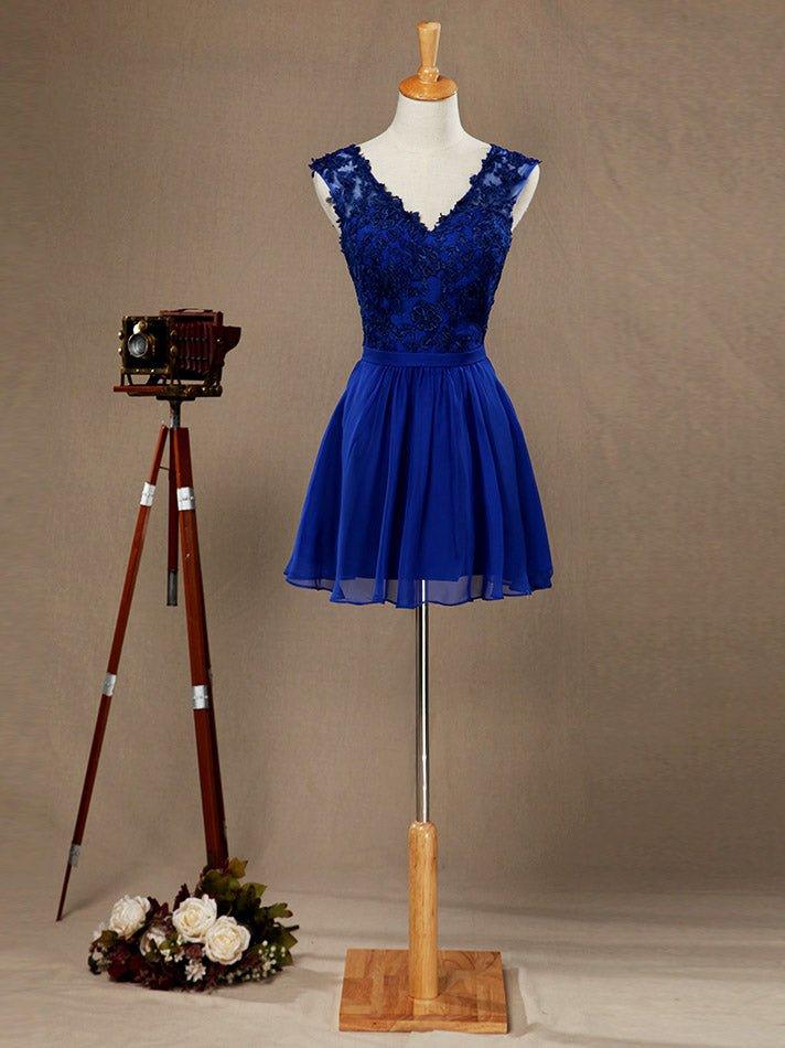 Vestido de cóctel mini de gasa con escote en V y encaje, con espalda abierta, para dama de honor y regreso a casa. 