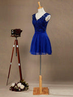 Vestido de cóctel mini de gasa con escote en V y encaje, con espalda abierta, para dama de honor y regreso a casa. 
