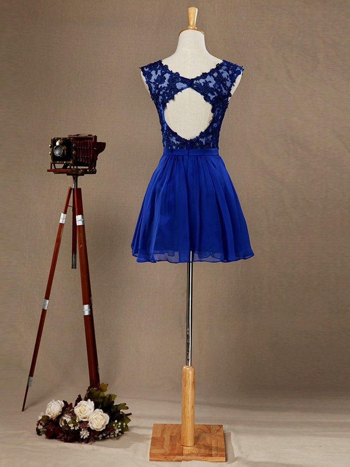 Vestido de cóctel mini de gasa con escote en V y encaje, con espalda abierta, para dama de honor y regreso a casa. 