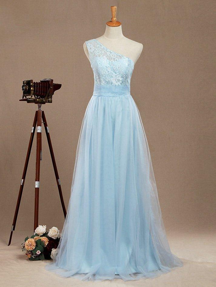 Vestido de dama de honor de gasa con encaje, corte A, un hombro, largo hasta el suelo y pliegues 