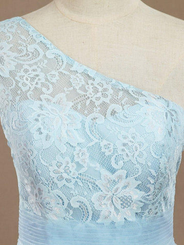 Robe de demoiselle d'honneur trapèze asymétrique en mousseline de soie et dentelle avec plis 