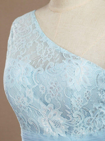 Robe de demoiselle d'honneur trapèze asymétrique en mousseline de soie et dentelle avec plis 