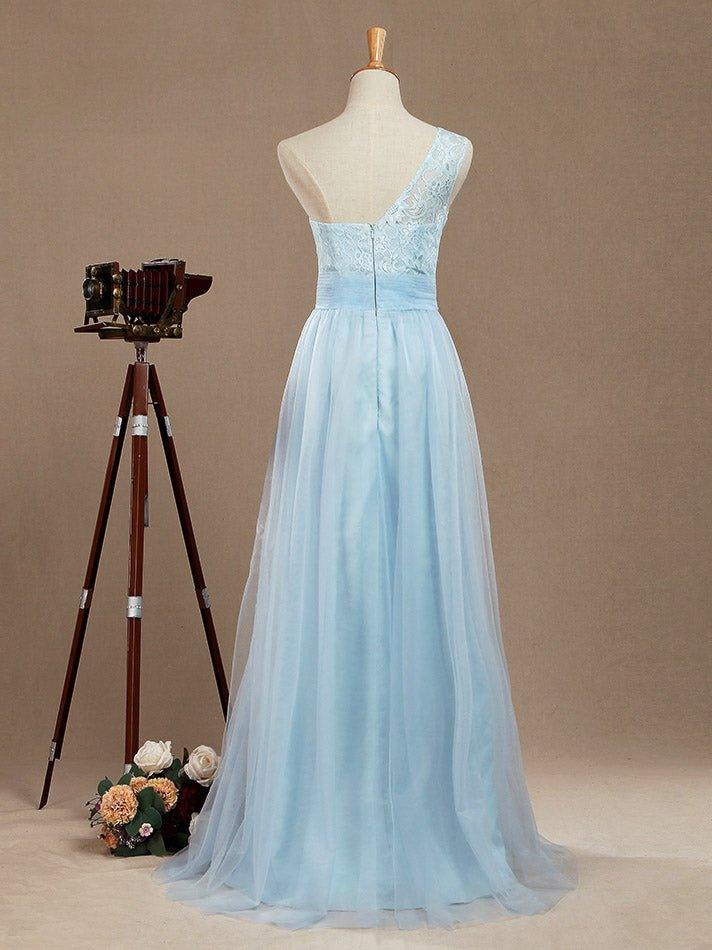 Vestido de dama de honor de gasa con encaje, corte A, un hombro, largo hasta el suelo y pliegues 