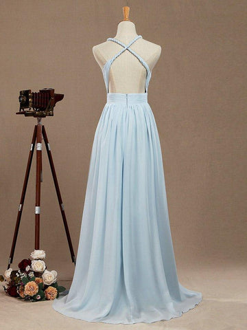 A-Line V-neck Halter Chiffon Floor Length Prom Formal Party Evening Dress Sexy Open Back