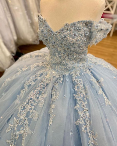 Robe de bal bleue en tulle et dentelle à épaules dénudées, robe de princesse Y2061