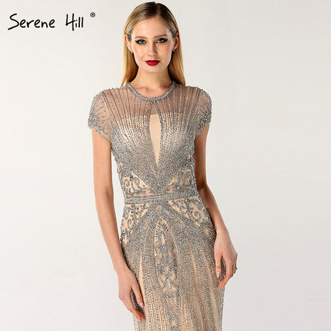 Robe de soirée sirène luxueuse à manches courtes et col rond, avec perles et strass, grande taille, modèle LA60742, 2025 