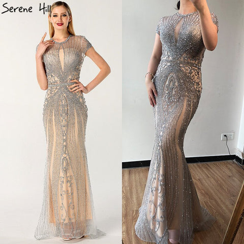 Robe de soirée sirène luxueuse à manches courtes et col rond, avec perles et strass, grande taille, modèle LA60742, 2025 