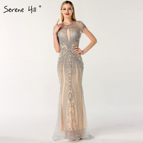 Robe de soirée sirène luxueuse à manches courtes et col rond, avec perles et strass, grande taille, modèle LA60742, 2025 