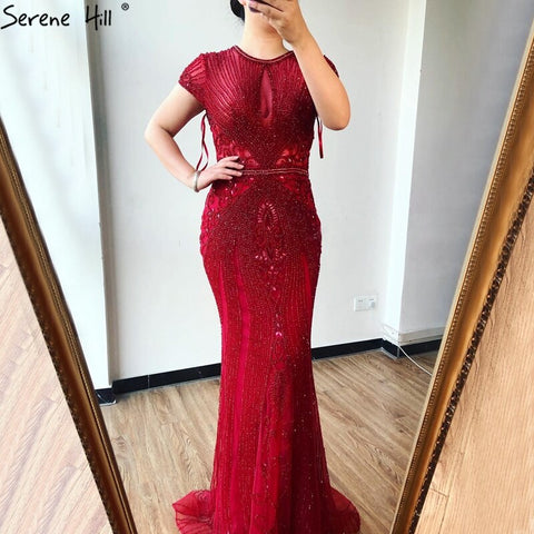 Robe de soirée sirène luxueuse à manches courtes et col rond, avec perles et strass, grande taille, modèle LA60742, 2025 