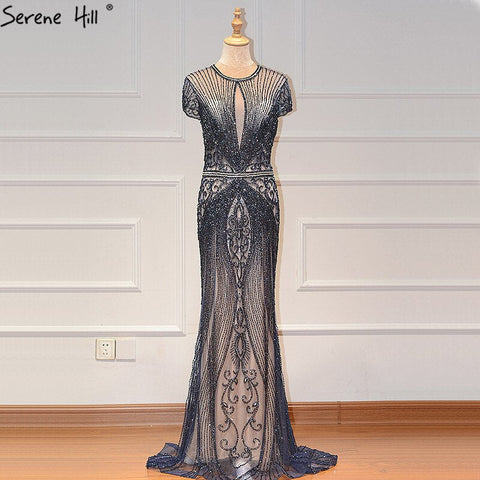 Robe de soirée sirène luxueuse à manches courtes et col rond, avec perles et strass, grande taille, modèle LA60742, 2025 