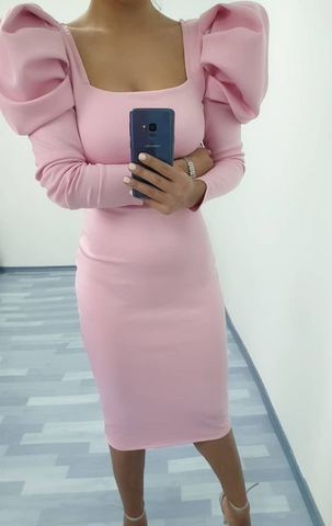 Robe de bal rose vintage à manches longues, encolure carrée, robe de cocktail rose Y6405