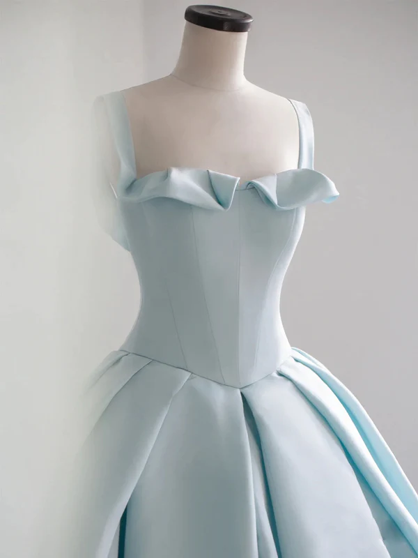 Vestido largo de baile azul satinado, vestido azul para quinceañera Y392