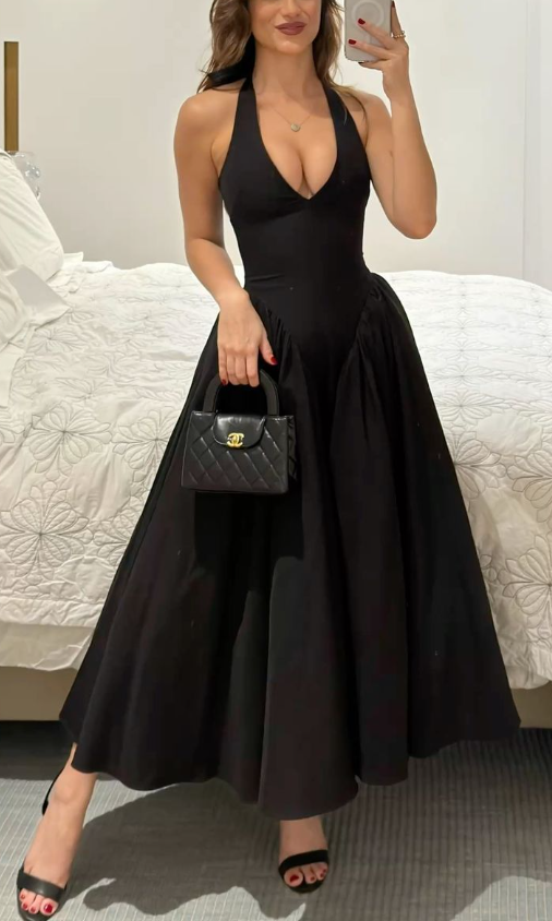 Vestido de fiesta negro sexy de corte A con escote en V Y7856