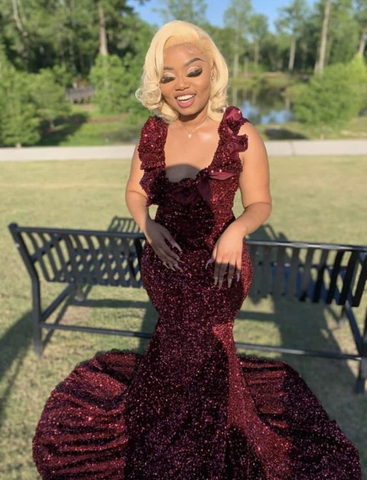 Vestido largo de sirena color burdeos con lentejuelas, vestido de noche burdeos Y6507