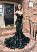 Robe de bal sirène sexy à paillettes, longue robe de soirée vert foncé pour femme, Y4329