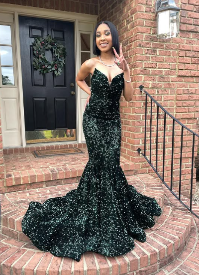 Robe de bal sirène sexy à paillettes, longue robe de soirée vert foncé pour femme, Y4329