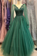 Vestido de fiesta verde de noche con escote en V, manga larga y cuentas de tul verde Y6811