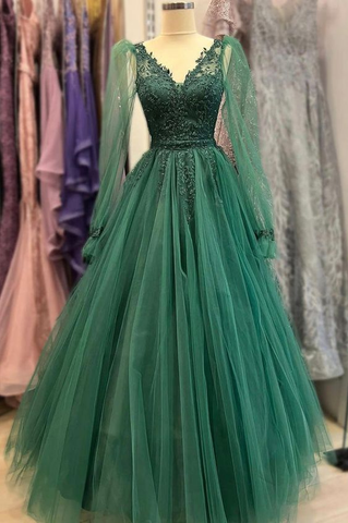 Vestido de fiesta verde de noche con escote en V, manga larga y cuentas de tul verde Y6811