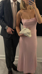 Vestido de fiesta rosa sencillo con tirantes finos, vestido de noche rosa Y7409