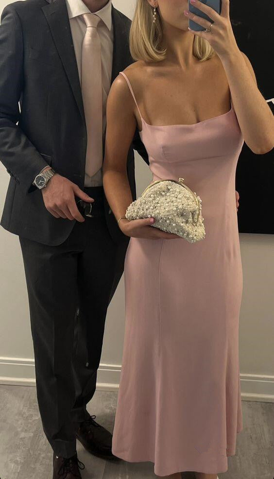 Vestido de fiesta rosa sencillo con tirantes finos, vestido de noche rosa Y7409