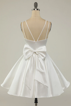 White Satin A-line Graduation Dress White Short Homecoming Dress Y1849