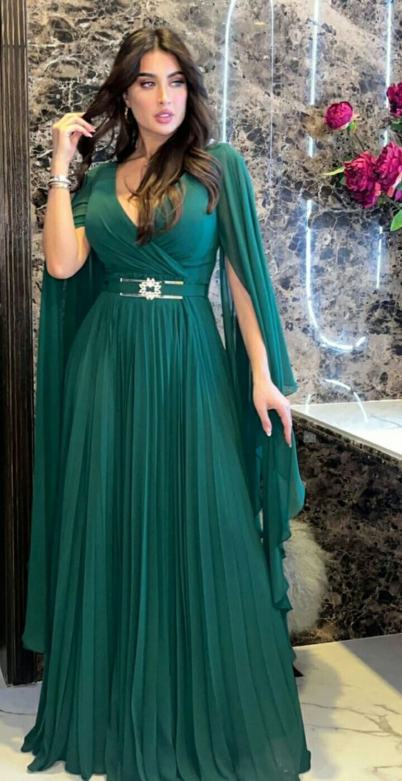 Vestido de fiesta verde de corte A con escote en V, vestido de noche verde, vestido de recepción Y6276