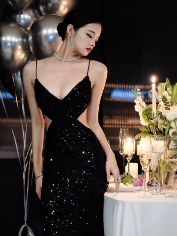 Black Sequins Sparkling Evening Dress Sexy Backless Evening Gown Y1124