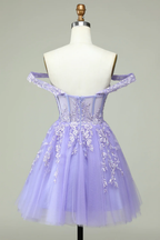 Vestido de fiesta lila con corsé y hombros descubiertos, modelo Y2168