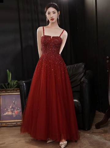 Nouvelle robe de soirée rouge élégante et raffinée, sans manches, à fines bretelles et ornée de perles, Y816