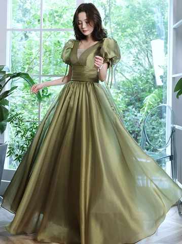 Robe de bal longue en tulle vert simple à col en V, Robes de soirée vertes Y1872