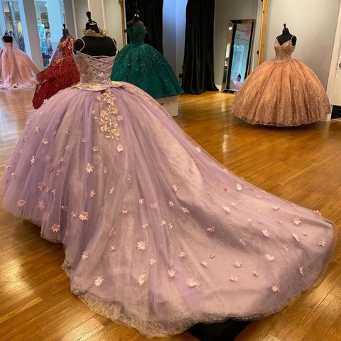 Robe de bal de quinceañera à fines bretelles, ornée de fleurs 3D et d'une courte traîne, doublure en dentelle Y1247