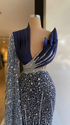 Vestidos de noche azul marino de un solo hombro, escote en V, vestidos de fiesta formales con lentejuelas brillantes hechos a medida Y4936