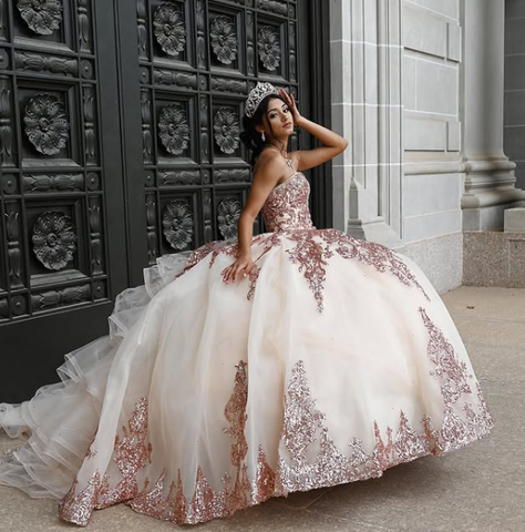 Robe de bal princesse rose doré à décolleté cœur bouffant, robe de 16 ans ornée d'appliqués de perles, robe de quinceañera Y827