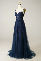 Vestido de fiesta azul marino corte A, encaje y tul, modelo Y382