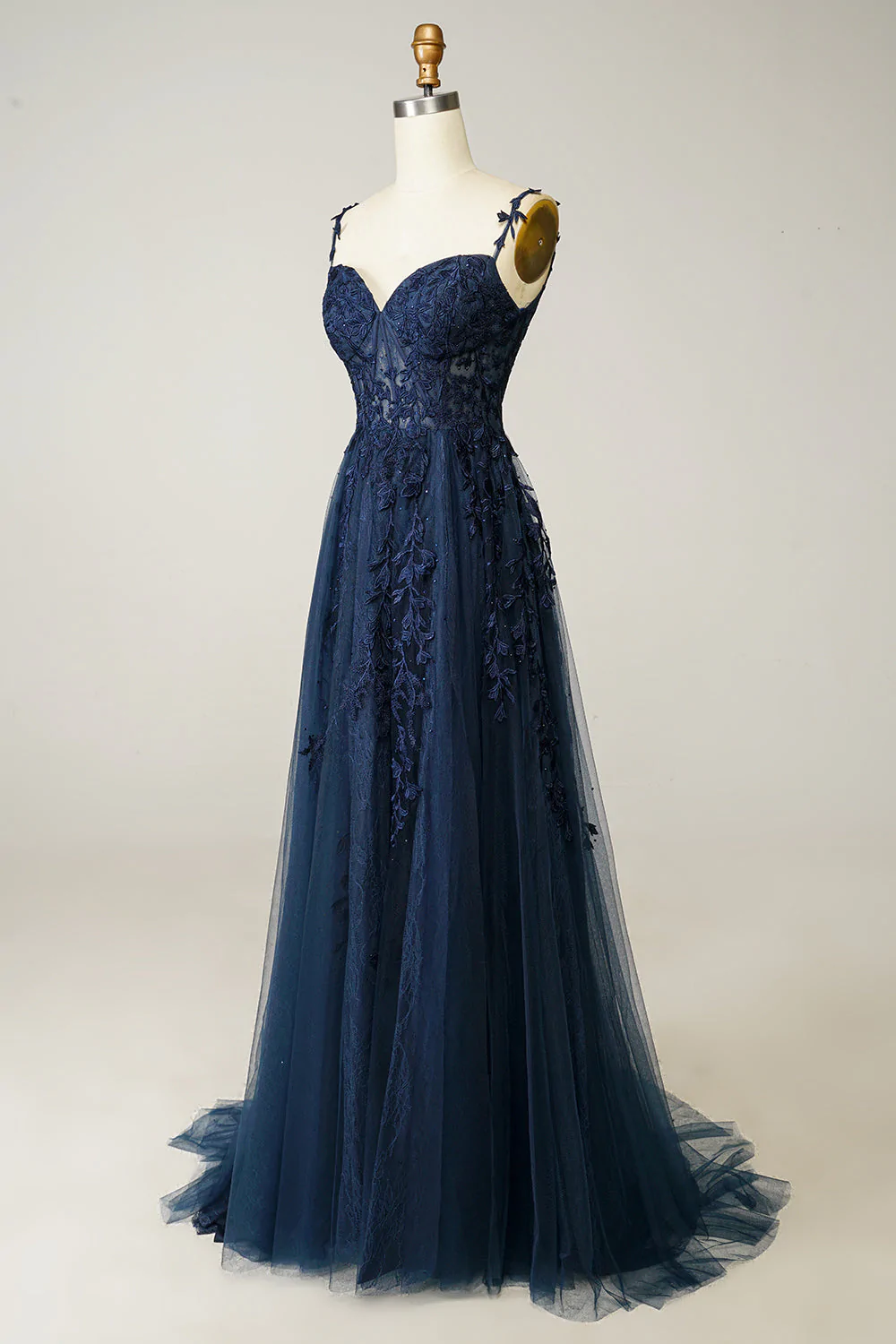 Vestido de fiesta azul marino corte A, encaje y tul, modelo Y382