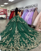 Vestido de quinceañera verde con estampado de corazón, ideal para cumpleaños y graduación. Incluye flores 3D. Modelo Y4437.